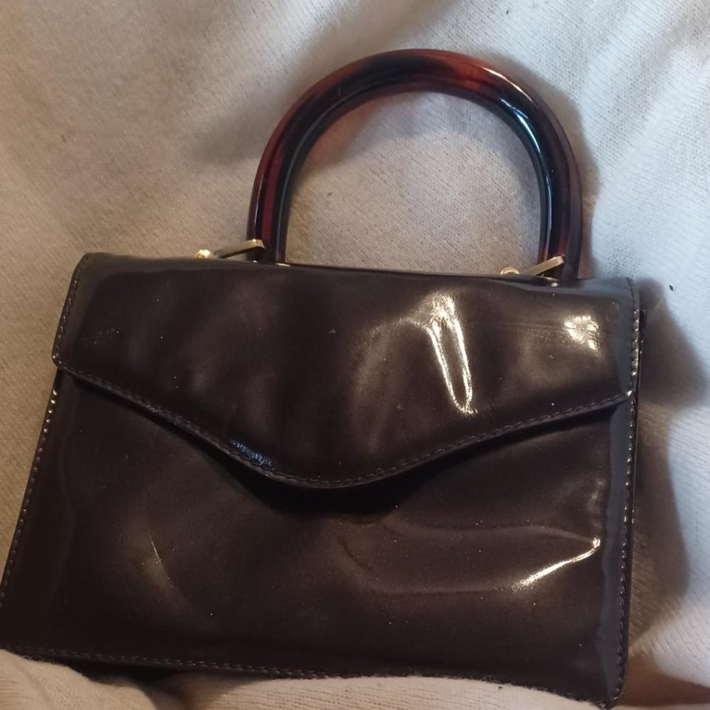 Vintage Bottega Veneta Brown Patent Leather Small Bag w/Lucite Top Handle